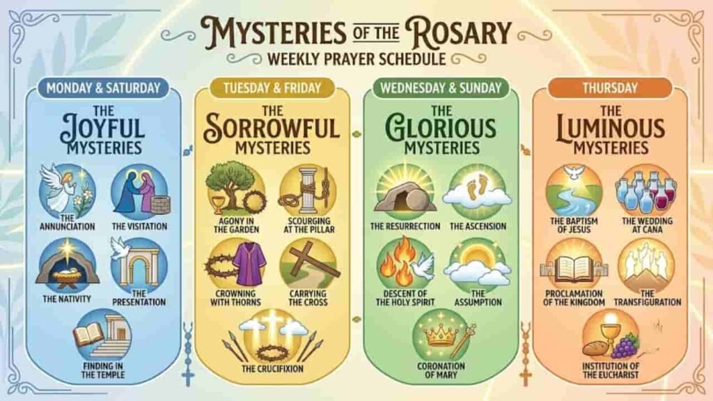 Mysteries of the Rosary weekly prayer schedule infographic showing Joyful, Sorrowful, Glorious, and Luminous mysteries assigned by days of the week.