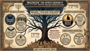 Infographic explaining the origins of Mazikeen from Jewish Talmudic folklore and the Mazzikin harmful spirits, featuring historical Hebrew text, Menorahs, and background lore.