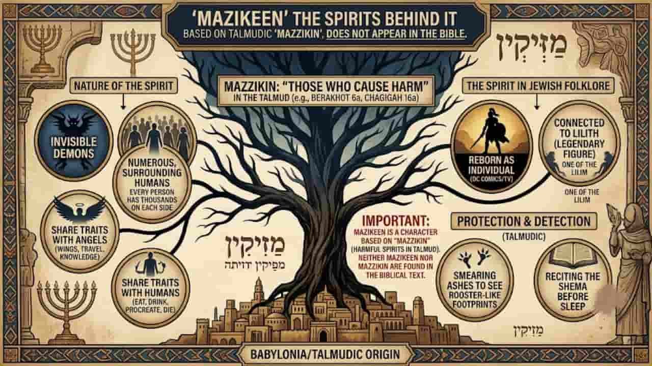 Infographic explaining the origins of Mazikeen from Jewish Talmudic folklore and the Mazzikin harmful spirits, featuring historical Hebrew text, Menorahs, and background lore.