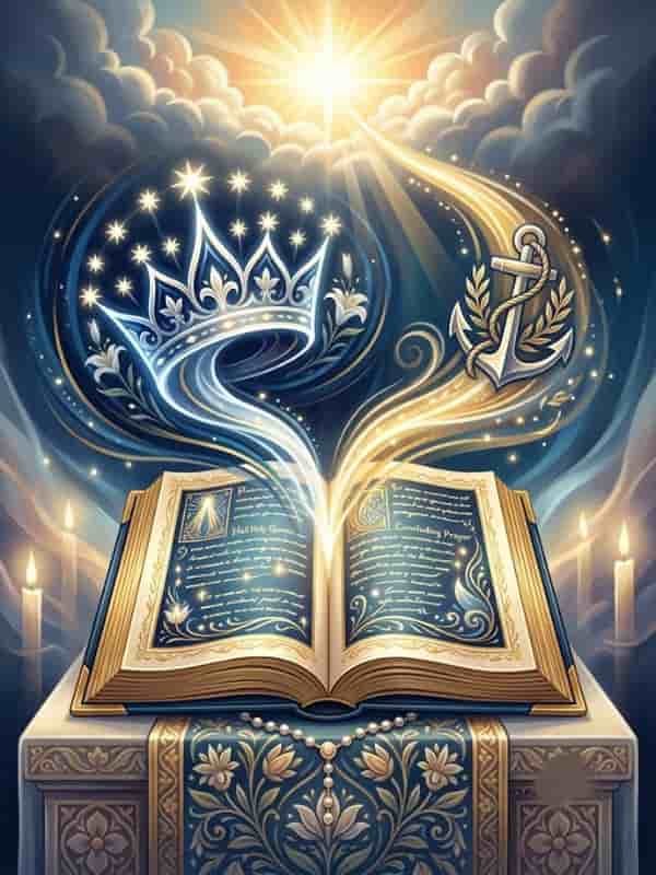 An open, illuminated prayer book on a decorative table displaying the Hail Holy Queen and concluding prayers, with a crown of stars and an anchor glowing above it.