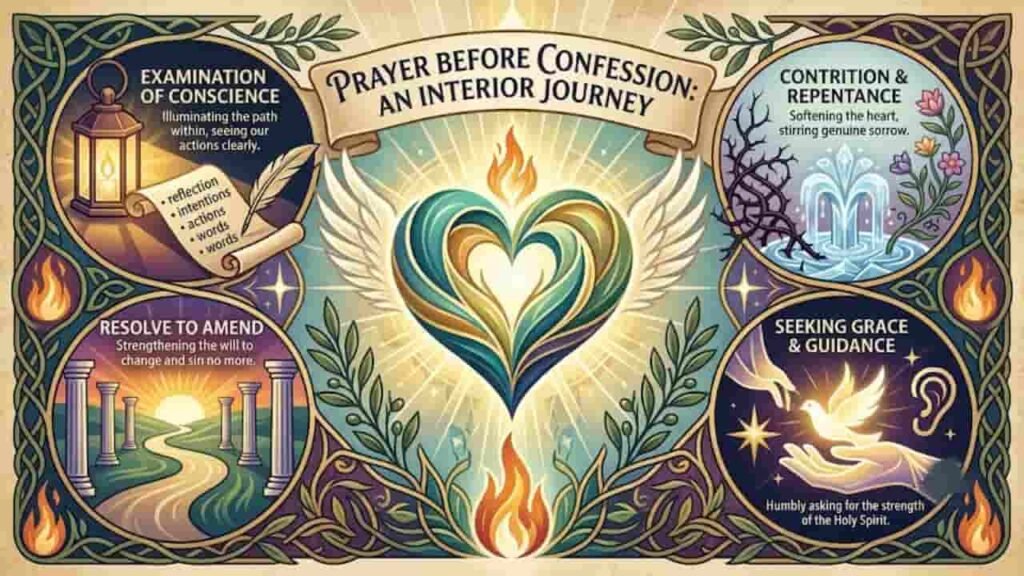 An illustrated chart outlining the spiritual purpose of praying before confession through four distinct steps: Examination of Conscience, Contrition & Repentance, Resolve to Amend, and Seeking Grace & Guidance.