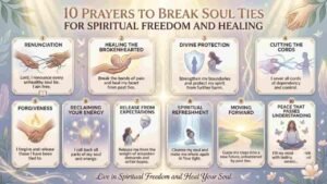 An illustrated infographic titled "10 Prayers to Break Soul Ties for Spiritual Freedom and Healing," showing 10 numbered cards with themes like Renunciation, Divine Protection, Cutting the Cords, and Forgiveness, set against a soft, radiant background with doves and floral motifs.