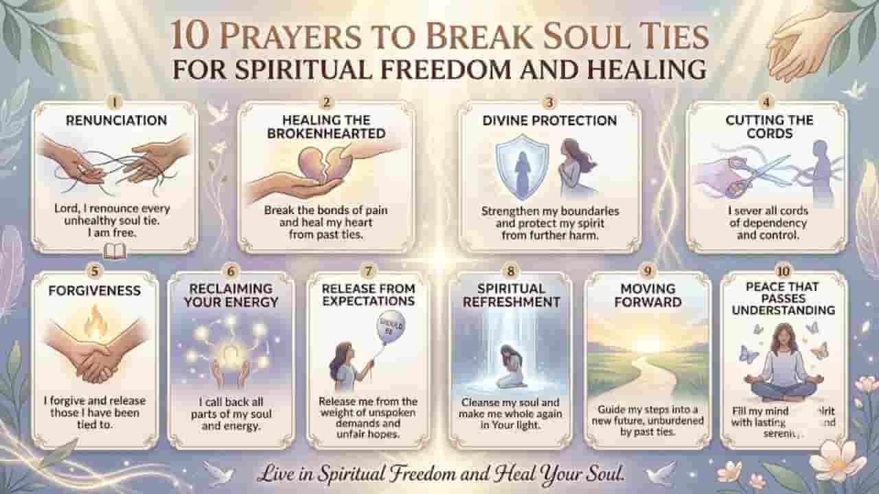 An illustrated infographic titled "10 Prayers to Break Soul Ties for Spiritual Freedom and Healing," showing 10 numbered cards with themes like Renunciation, Divine Protection, Cutting the Cords, and Forgiveness, set against a soft, radiant background with doves and floral motifs.