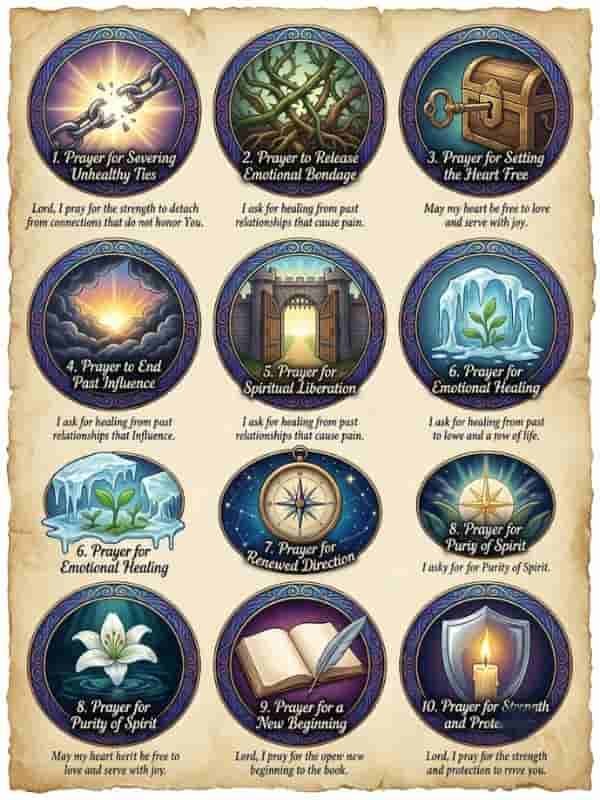 An infographic grid on parchment paper titled "10 Prayers to Break Soul Ties," featuring ten numbered circular icons with symbolic illustrations and short prayer captions.