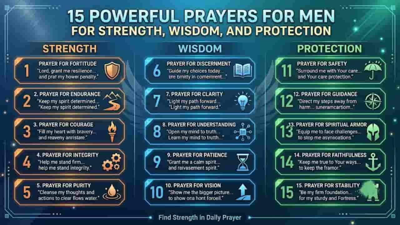 An infographic titled "15 Powerful Prayers for Men for Strength, Wisdom, and Protection" displaying fifteen numbered prayer topics with icons, organized into three color-coded columns on a blue background.