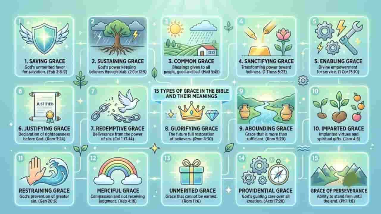 Infographic showing 15 types of grace in the Bible and their meanings, including saving, sustaining, common, sanctifying, and enabling grace.