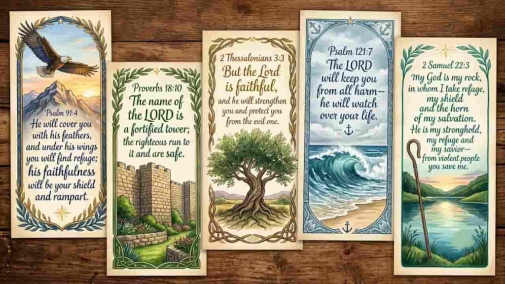 A set of five illustrated bookmarks placed on a wooden surface, each featuring a Bible verse about protection and deliverance alongside decorative nature scenes like mountains, an eagle, a fortified wall, an olive tree, ocean waves, and a serene lake.