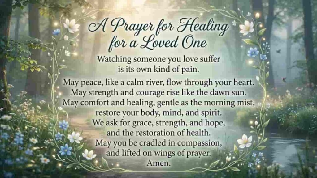A Prayer for Healing for a Loved One image with text set against a serene forest river background.