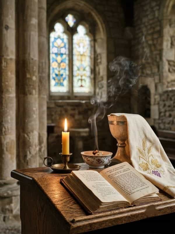 An open prayer book resting on a wooden lectern inside a serene church interior, displaying a prayer for peace and spiritual renewal with stained-glass windows and a glowing candle in the background.