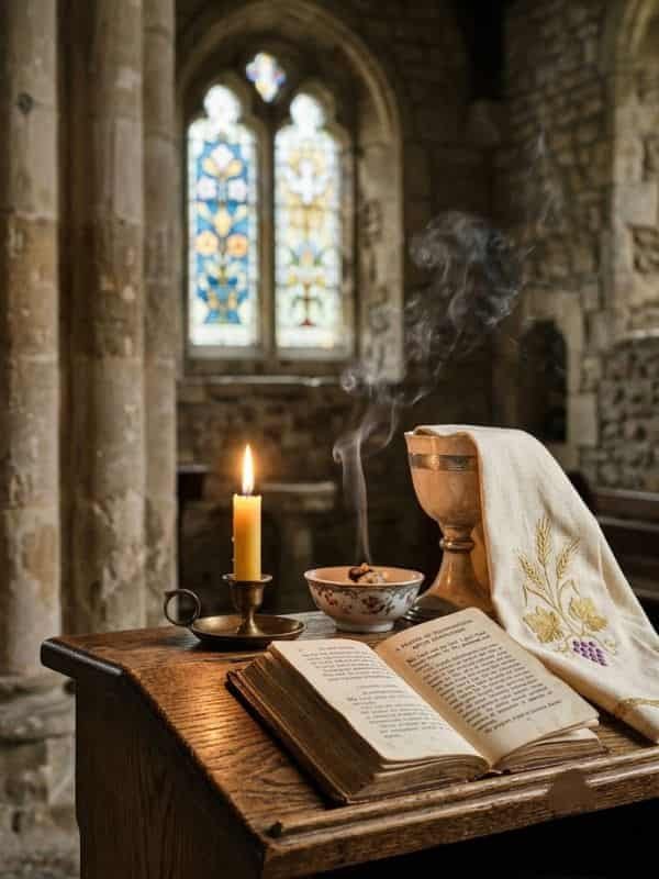 An open prayer book featuring "A Prayer of Thanksgiving After Confession" resting on a wooden lectern in a stone chapel. Alongside the book are a lit candle, a small bowl of burning incense with rising smoke, and a chalice covered with an embroidered white cloth. Stained-glass windows are visible in the soft background.