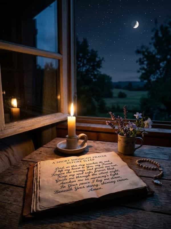 An open vintage book on a wooden windowsill displays the text "A Short Midnight Prayer Before Sleep," illuminated by a single burning candle beside a cup of purple flowers, with a crescent moon and starry night sky visible through the window.