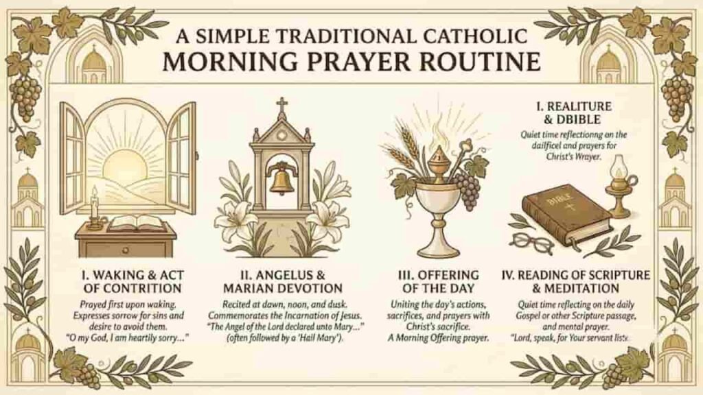 An infographic detailing "A Simple Traditional Catholic Morning Prayer Routine" divided into four steps with vintage illustrations of open windows, bells, chalices, and Bibles.
