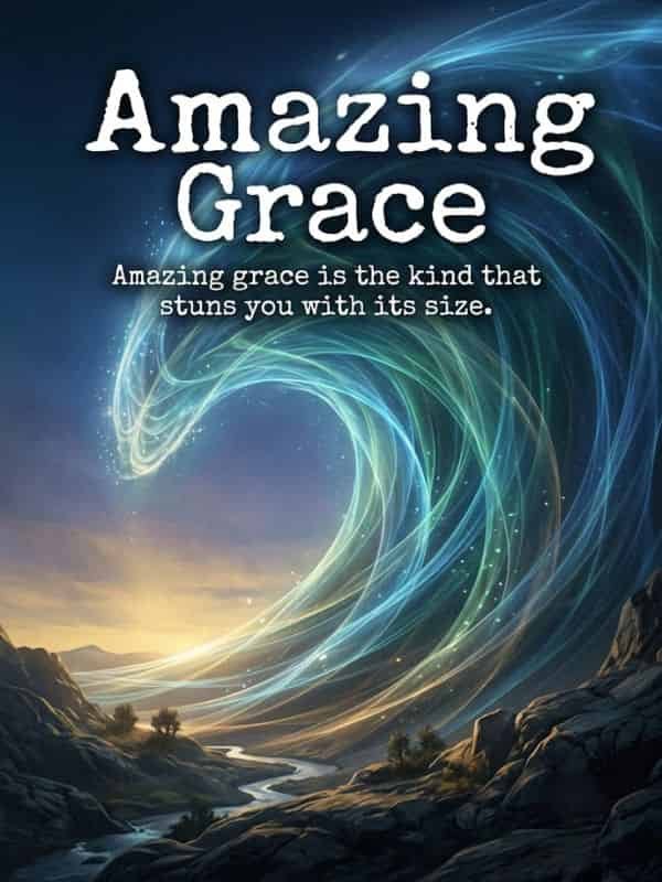 A vast landscape featuring a towering, luminous wave of ethereal light flowing through a mountain valley, with text reading "Amazing Grace" and "Amazing grace is the kind that stuns you with its size."