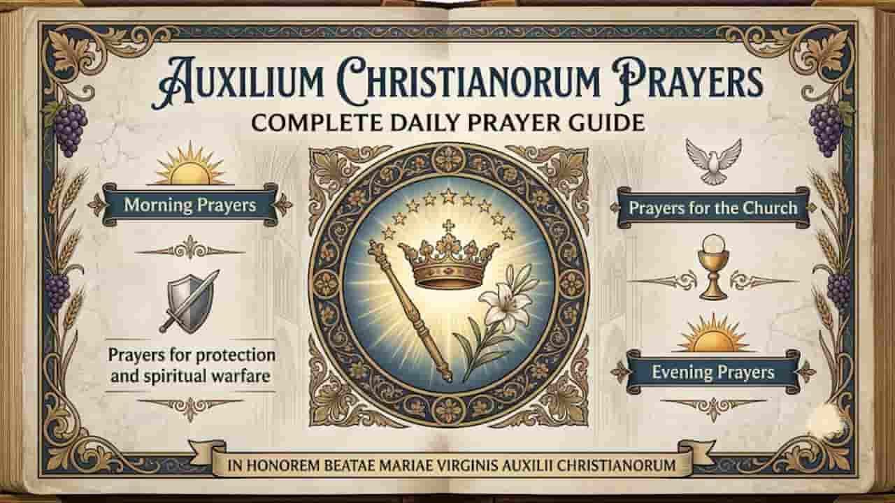 Auxilium Christianorum Prayers Complete Daily Prayer Guide with sections on Morning and Evening Prayers, Spiritual Warfare, and Prayers for the Church. Decorative vintage book style featuring a gold crown, scepter, white lily, dove, and shield "