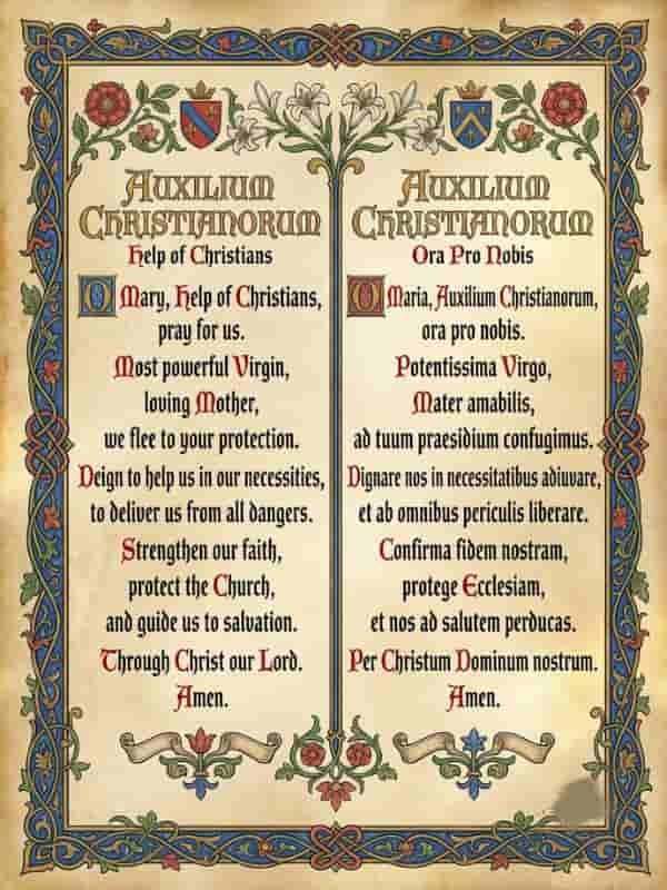 A side-by-side bilingual prayer card with an ornate medieval illuminated manuscript border on aged parchment paper, featuring the Auxilium Christianorum (Help of Christians) prayer in English on the left and Latin on the right, decorated with floral motifs, lilies, roses, heraldic shields, and traditional calligraphy.