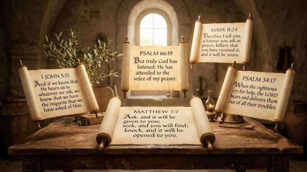 An open ancient scroll on a wooden table displaying Matthew 7:7, surrounded by four floating scrolls featuring Bible verses about answered prayers (1 John 5:15, Psalm 66:19, Mark 11:24, and Psalm 34:17).