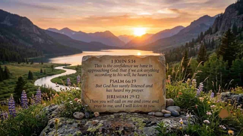 An engraved stone displaying three Bible verses about prayer set in a scenic mountain landscape with a winding river and wildflowers at sunset.