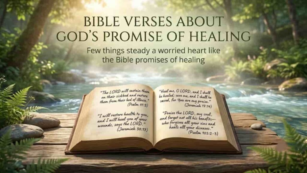 An open Bible resting on a wooden dock beside a calm, sunlit forest stream, displaying scripture verses about God’s promise of healing, with green foliage framing the scene.