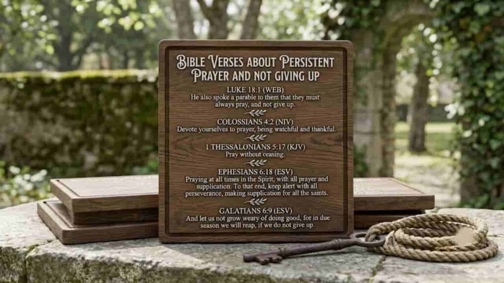 A wooden plaque resting on a stone surface displays Bible verses about persistent prayer and perseverance, accompanied by a key and coiled rope in an outdoor garden setting.