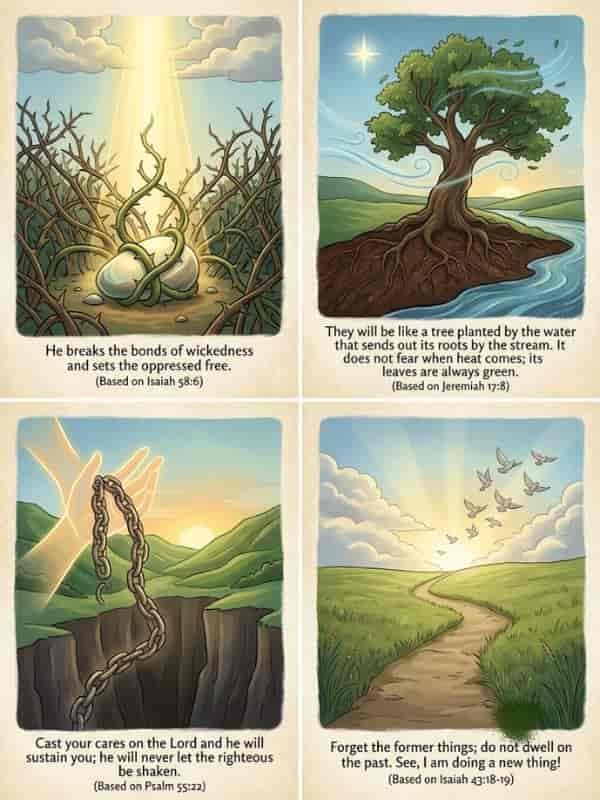 A four-panel illustration featuring Bible verses about freedom and renewal, showing vines releasing a stone, a rooted tree by a river, breaking chains over a valley, and birds flying toward a sunny path.