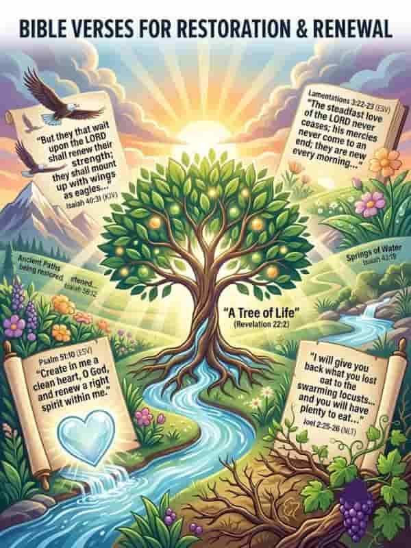 An illustration titled "Bible Verses for Restoration & Renewal" featuring a lush tree of life, soaring eagles, flowing streams, and glowing scrolls with foundational scriptures such as Isaiah 40:31, Psalm 51:10, and Lamentations 3:22-23.
