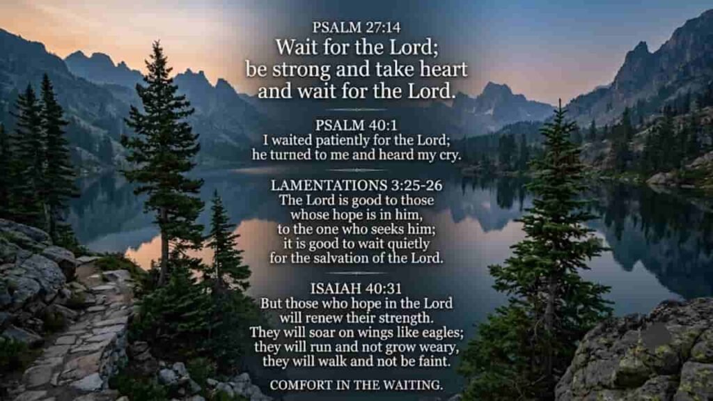 An image featuring Bible verses about waiting on the Lord, set against a peaceful mountain lake landscape. The top text reads "Psalm 27:14" followed by "Wait for the Lord; be strong and take heart and wait for the Lord." Below it, "Psalm 40:1" reads "I waited patiently for the Lord; he turned to me and heard my cry." The third section, "Lamentations 3:25-26", says "The Lord is good to those whose hope is in him, to the one who seeks him; it is good to wait quietly for the salvation of the Lord." Finally, "Isaiah 40:31" states "But those who hope in the Lord will renew their strength. They will soar on wings like eagles; they will run and not grow weary, they will walk and not be faint." The bottom text reads "COMFORT IN THE WAITING."