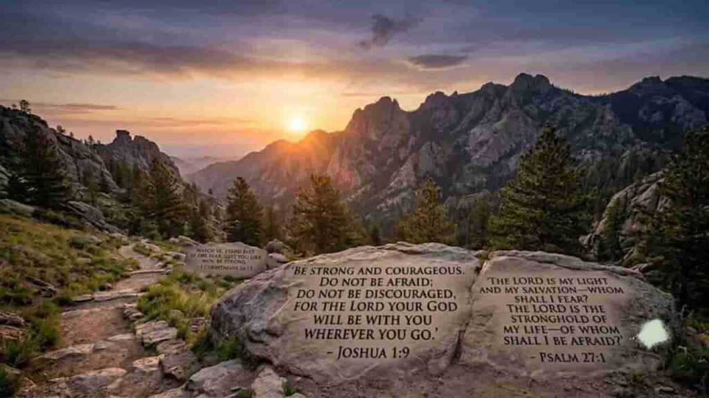 A majestic mountain landscape at sunrise with scripture verses carved into large stone rocks along a hiking path.