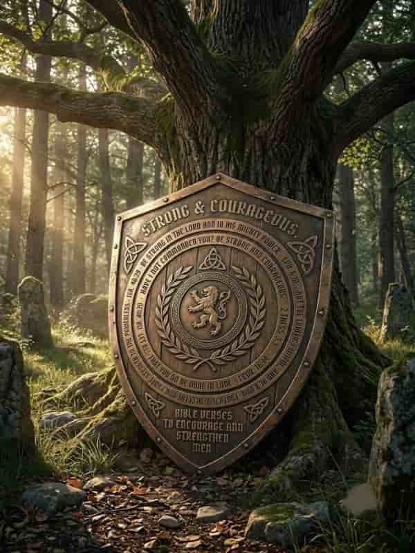 A large bronze shield engraved with the words "STRONG & COURAGEOUS" and biblical scripture references stands against a majestic oak tree in a sunlit forest.   