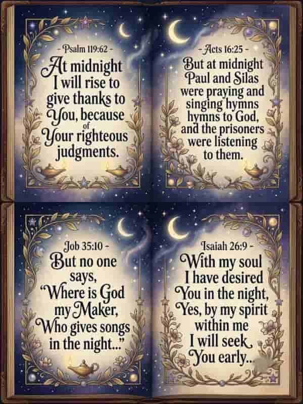 An open Bible illustration split into four quadrants, each featuring a Bible verse set against a starry night sky with crescent moons, glowing oil lamps, and golden botanical borders. The top left contains Psalm 119:62, the top right displays Acts 16:25, the bottom left shows Job 35:10, and the bottom right presents Isaiah 26:9.