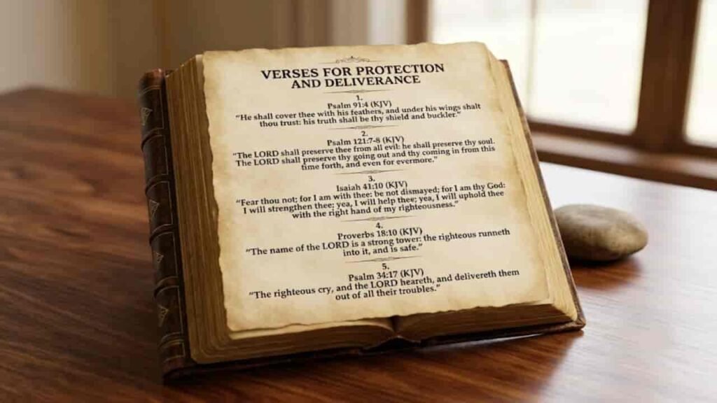 An open antique Bible resting on a wooden table displays printed verses for protection and deliverance.