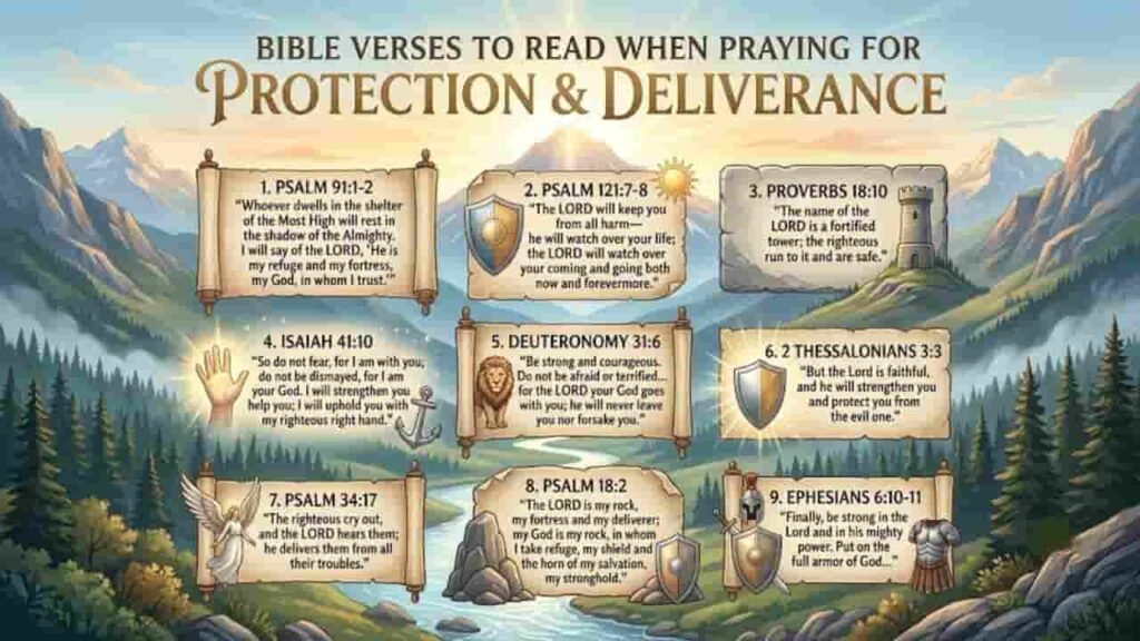 An infographic titled "Bible Verses to Read When Praying for Protection & Deliverance" displayed against a serene mountain, forest, and river background. The image presents nine numbered parchment scrolls and stone cards containing key scripture verses (including Psalm 91:1-2, Psalm 121:7-8, Proverbs 18:10, and Psalm 18:2) alongside biblical symbolic icons such as shields, a fortified tower, armor, and a glowing sun, with no human figures or crosses present.