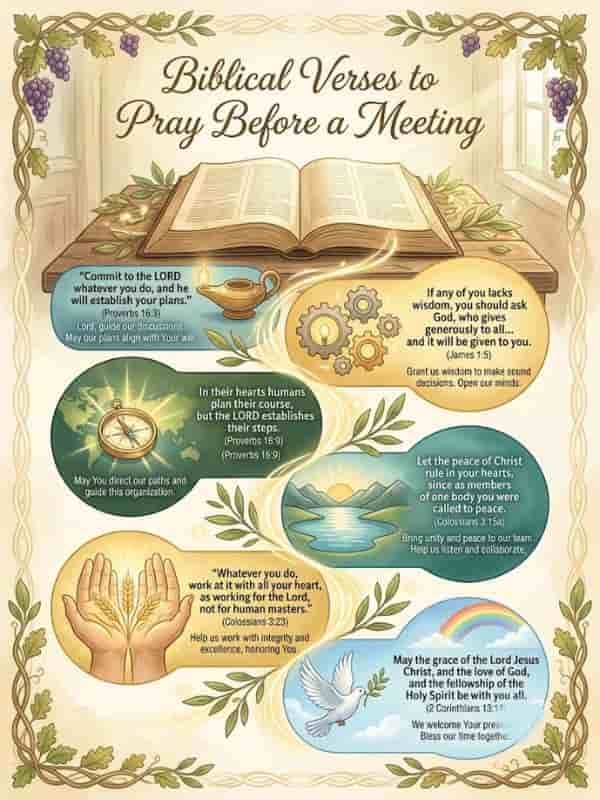Infographic titled "Biblical Verses to Pray Before a Meeting" featuring scripture references, short prayers, and symbolic illustrations like an open Bible, a compass, and a dove.
