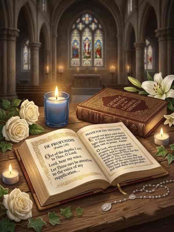 An open prayer book with Catholic prayers for the deceased sits on a wooden table surrounded by lit candles, white roses, and rosary beads in a cathedral setting.