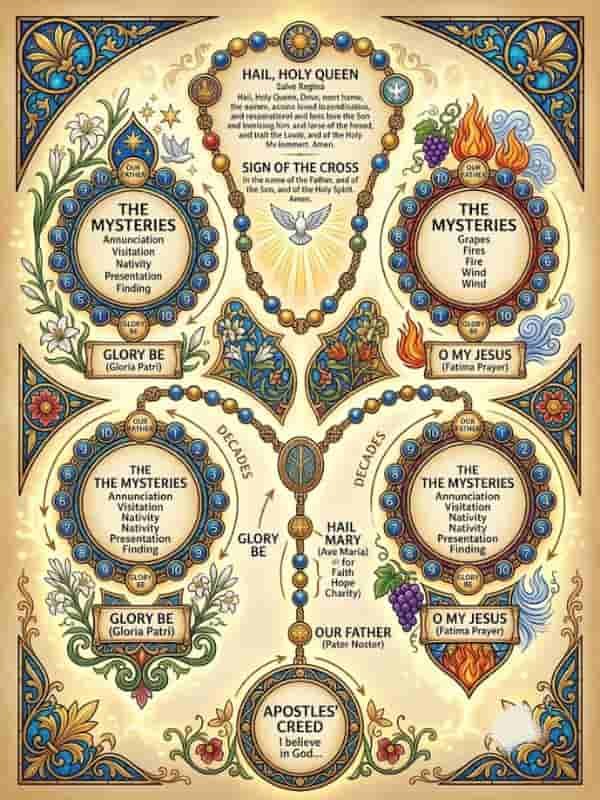 An illustrative infographic diagram detailing the Catholic Rosary prayers and their sequence. The artwork features decorative stained-glass style borders, floral patterns, and ornate gold-and-blue rosary beads guiding through the prayers, including the Apostles' Creed, Our Father, Hail Mary, Glory Be, Hail Holy Queen, and the Mysteries.   