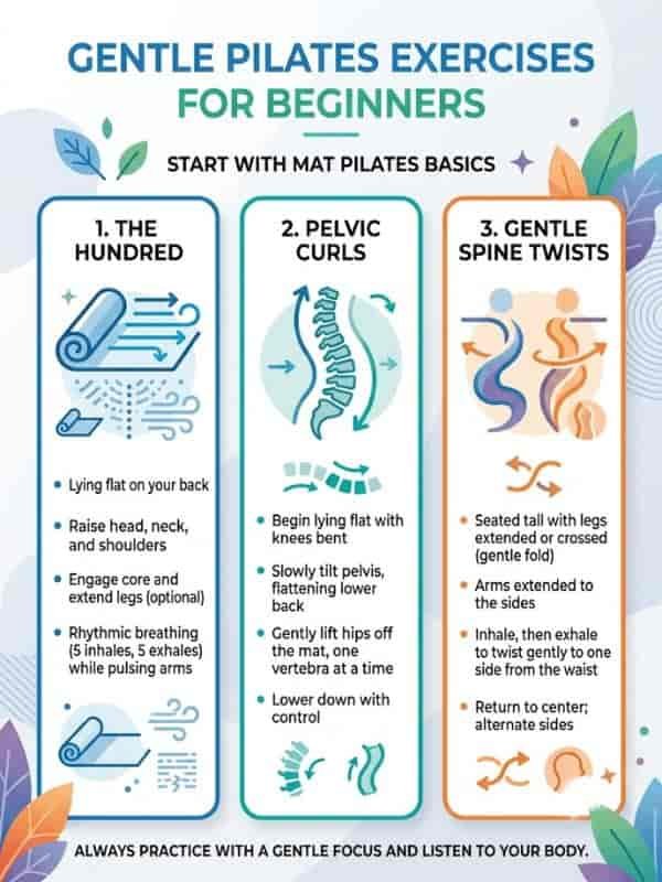 An infographic titled "Gentle Pilates Exercises for Beginners" outlining three foundational mat exercises with step-by-step instructions and stylized graphic icons. The three sections cover "1. The Hundred" featuring mat and breath icons, "2. Pelvic Curls" showing spine alignment vector graphics, and "3. Gentle Spine Twists" illustrated with rotational arrow symbols.