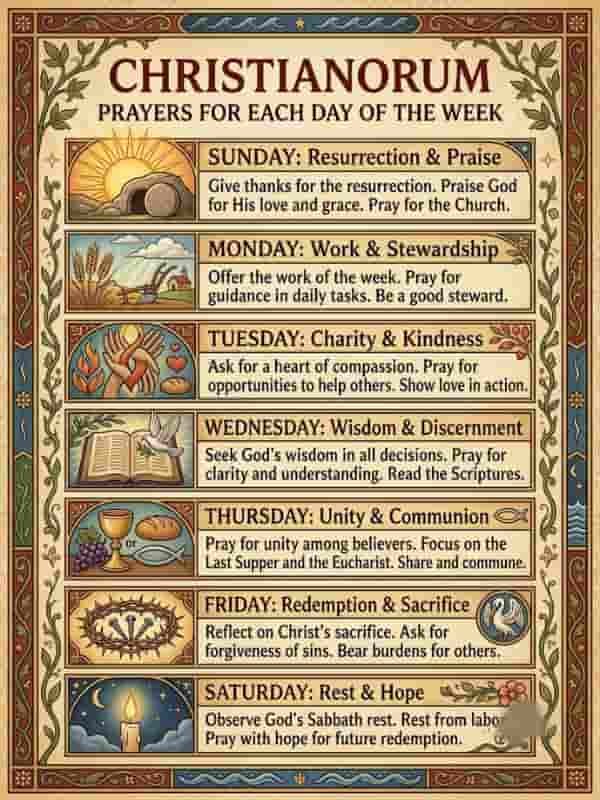 Christianorum prayers for each day of the week chart in vintage illuminated manuscript style showing daily prayer guide and religious symbols