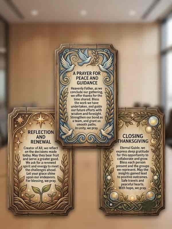 A trio of ornate wooden plaques featuring illustrated and written closing prayers and blessings for meetings, with themes of peace, guidance, reflection, and thanksgiving.