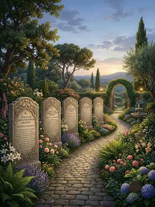 A beautiful, lush garden pathway at sunrise with stone pillars inscribed with Christian prayers. The pathway is flanked by colorful flowers like lavender, roses, lilies, and hydrangeas. A stone archway and small fountain are visible in the background. The scene is illuminated by soft, golden light.