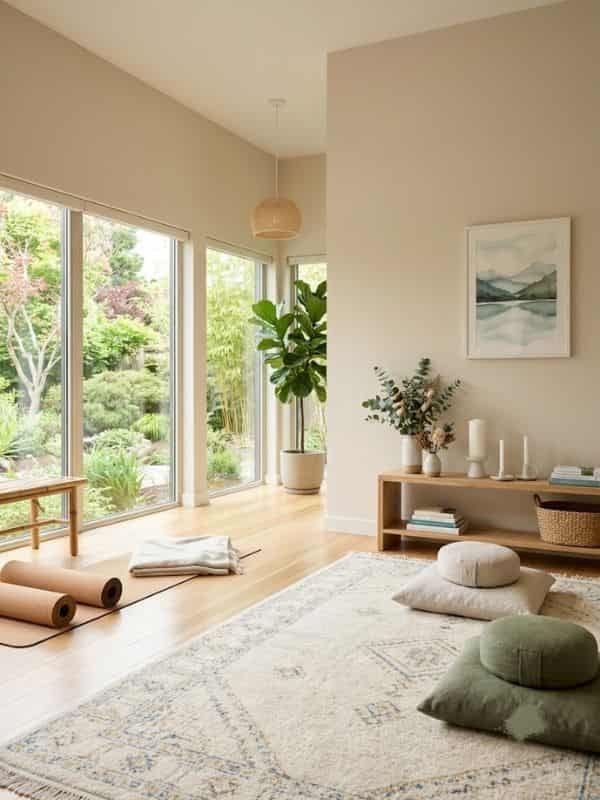 A serene, sunlit room designed for prayer and movement, featuring floor-to-ceiling windows, soft cushions, rolled mats, light wood flooring, and natural decor.