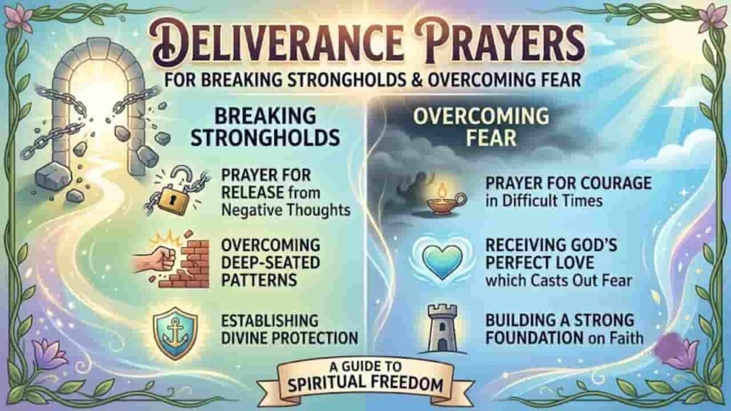 A graphic illustration titled "Deliverance Prayers for Breaking Strongholds & Overcoming Fear," featuring themed sections for breaking negative patterns, overcoming fear through faith, and establishing divine protection, set against a soft, luminous background with vine borders.