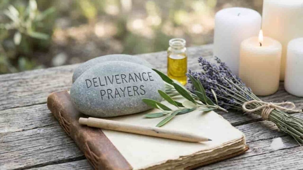 A smooth gray stone engraved with "DELIVERANCE PRAYERS" Resting on an open vintage leather journal with a wooden pen, olive branches, an oil bottle, dried lavender, and lit white candles on a rustic wooden table.