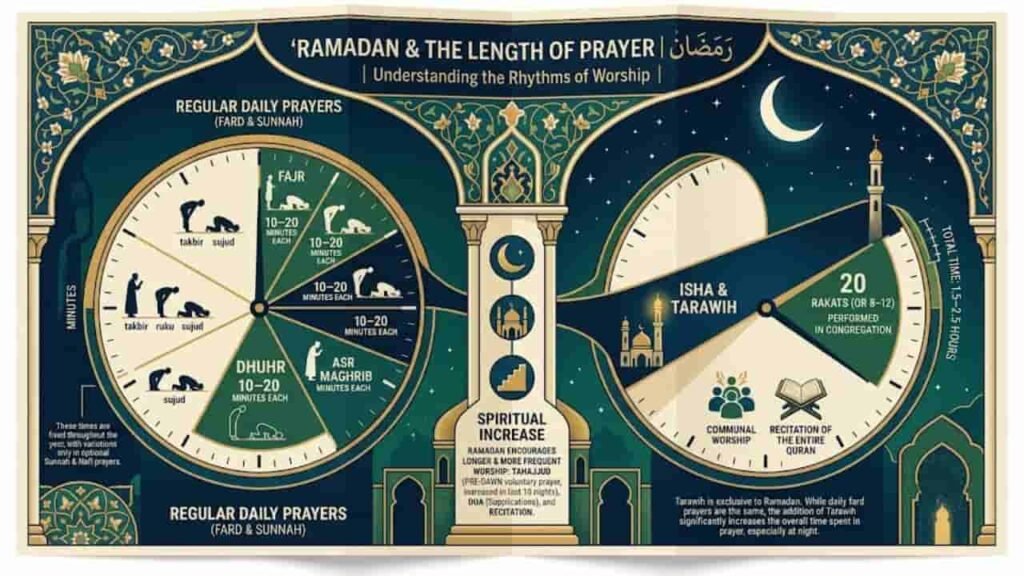 An informative infographic explaining Muslim prayer times and durations during Ramadan, featuring geometric Islamic arch designs and clock diagrams in teal, gold, and cream.