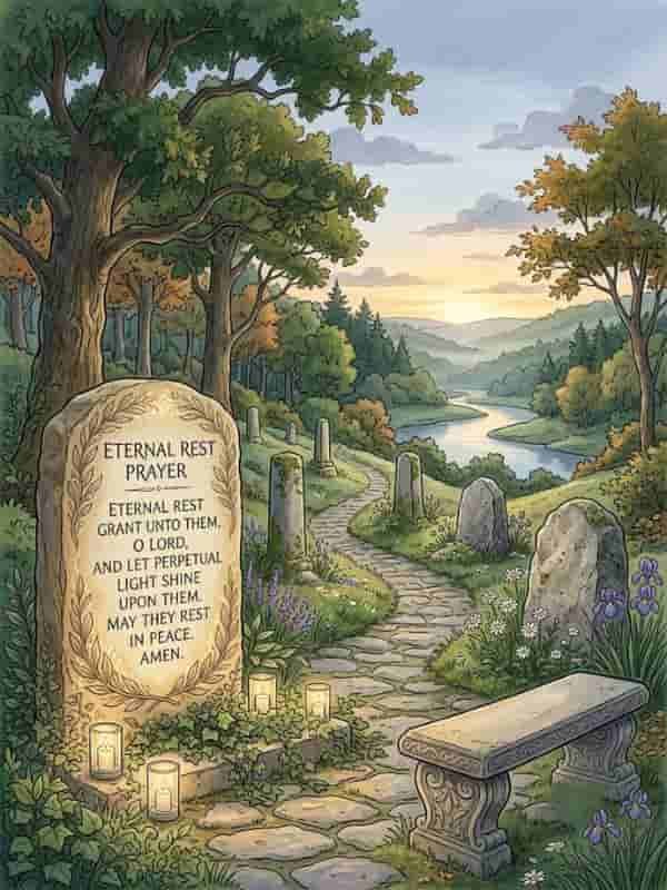 An illustration of a stone gravestone inscribed with the Eternal Rest Prayer, set along a winding stone path in a peaceful landscape with trees, wildflowers, candles, and a river at sunset.