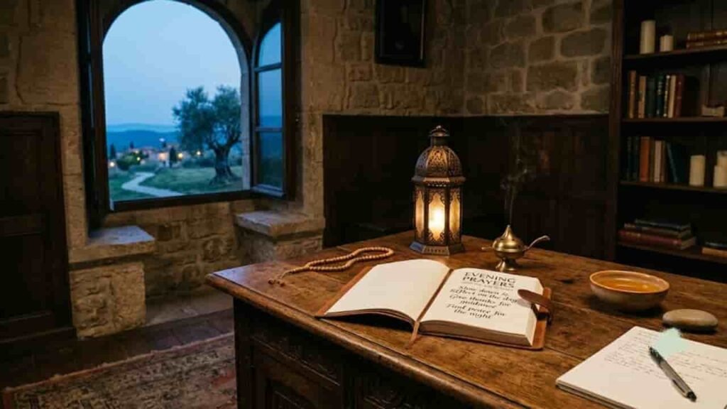 An open journal titled 'Evening Prayers' resting on a rustic wooden desk beside a warm glowing lantern, incense burner, and prayer beads, set in a stone room overlooking a tranquil evening landscape.
