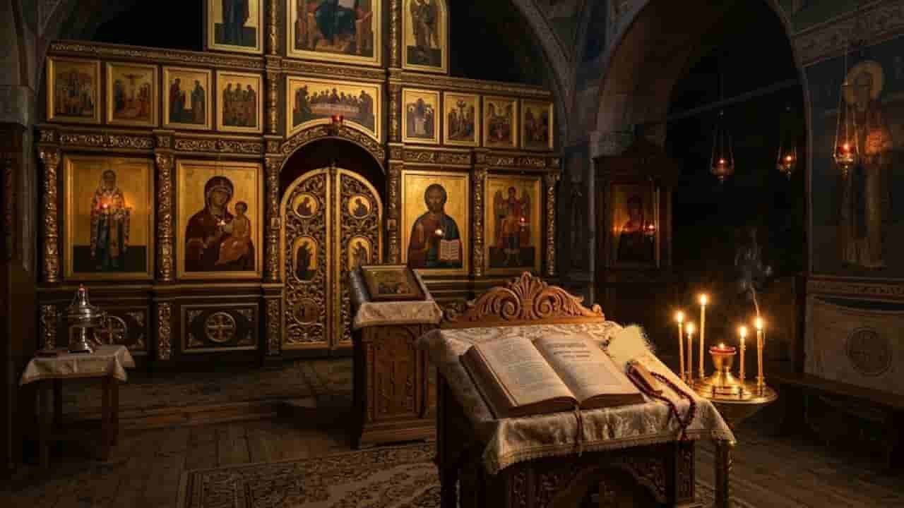A open prayer book rests on a wooden lectern inside a dimly lit Eastern Orthodox church, surrounded by glowing candles, prayer beads, and an ornate golden iconostasis in the background "evening prayers orthodox church".