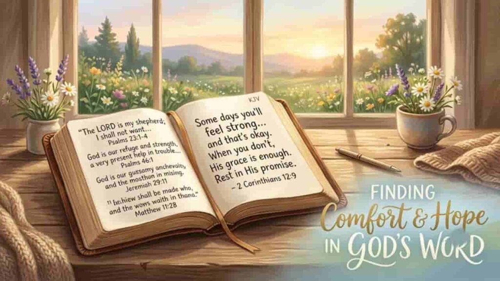An open Bible resting on a wooden table beside a vintage oil lamp, a vase of wildflowers, and a scenic window view at sunrise, with text reading "Finding Comfort & Hope in God's Word".