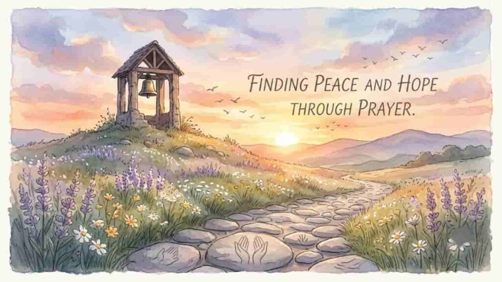 A watercolor illustration of a cobblestone path winding through a serene wildflower field toward a hilltop bell structure at sunrise, with the text "Finding Peace and Hope Through Prayer" written in the sky.