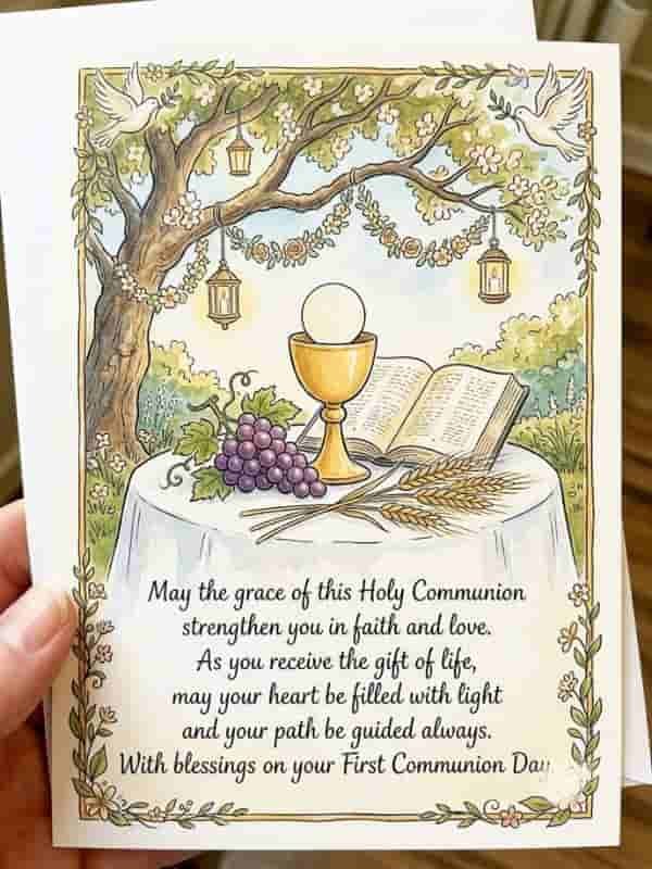 A First Communion greeting card featuring a chalice, host, Bible, grapes, wheat, doves, and a written prayer set in a garden.