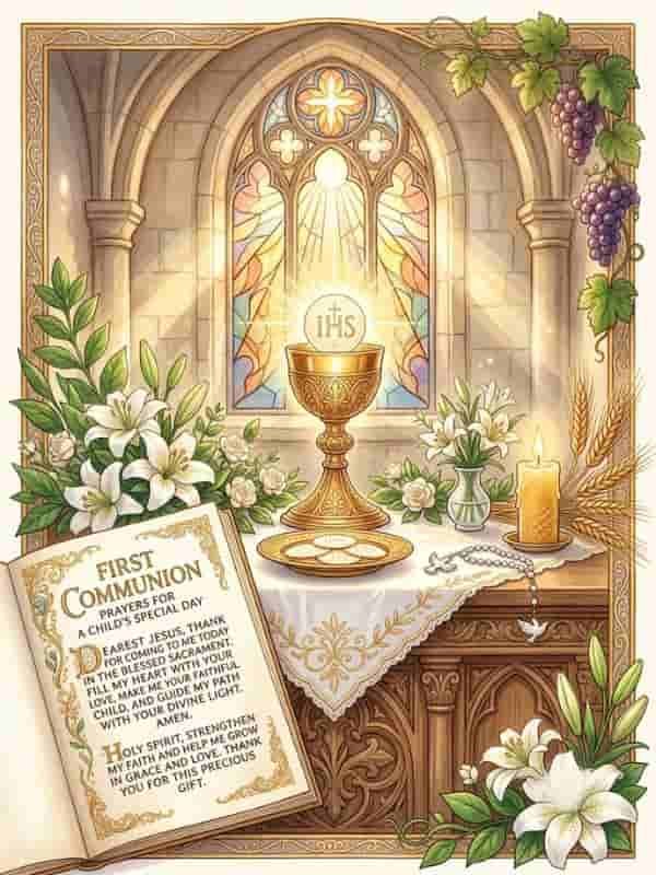 First Communion prayers page displayed beside a glowing Eucharistic host, golden chalice, white lilies, candle, and stained glass window.
