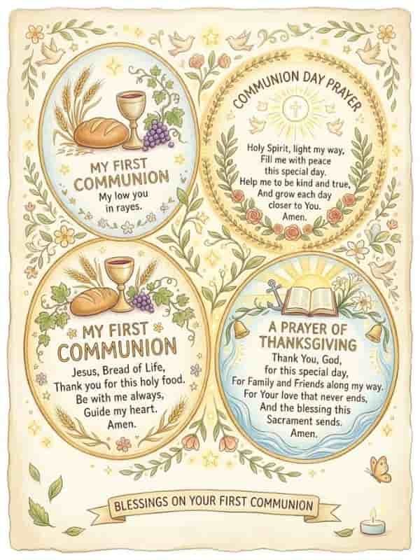 Illustration of four First Communion prayer circles for children on aged parchment paper with floral and vine borders, featuring symbolic elements like bread, wine, wheat, grapes, an open bible, a dove, and a candle, but without human figures or crosses.